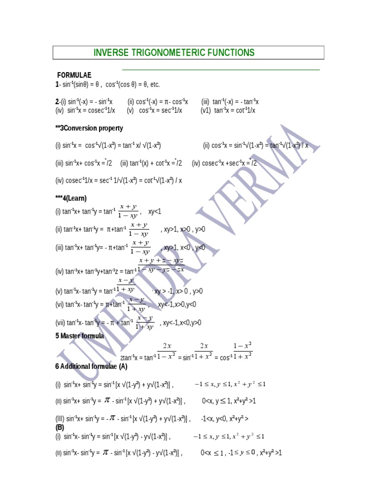 Inverse Trigonometeric Function Pdf