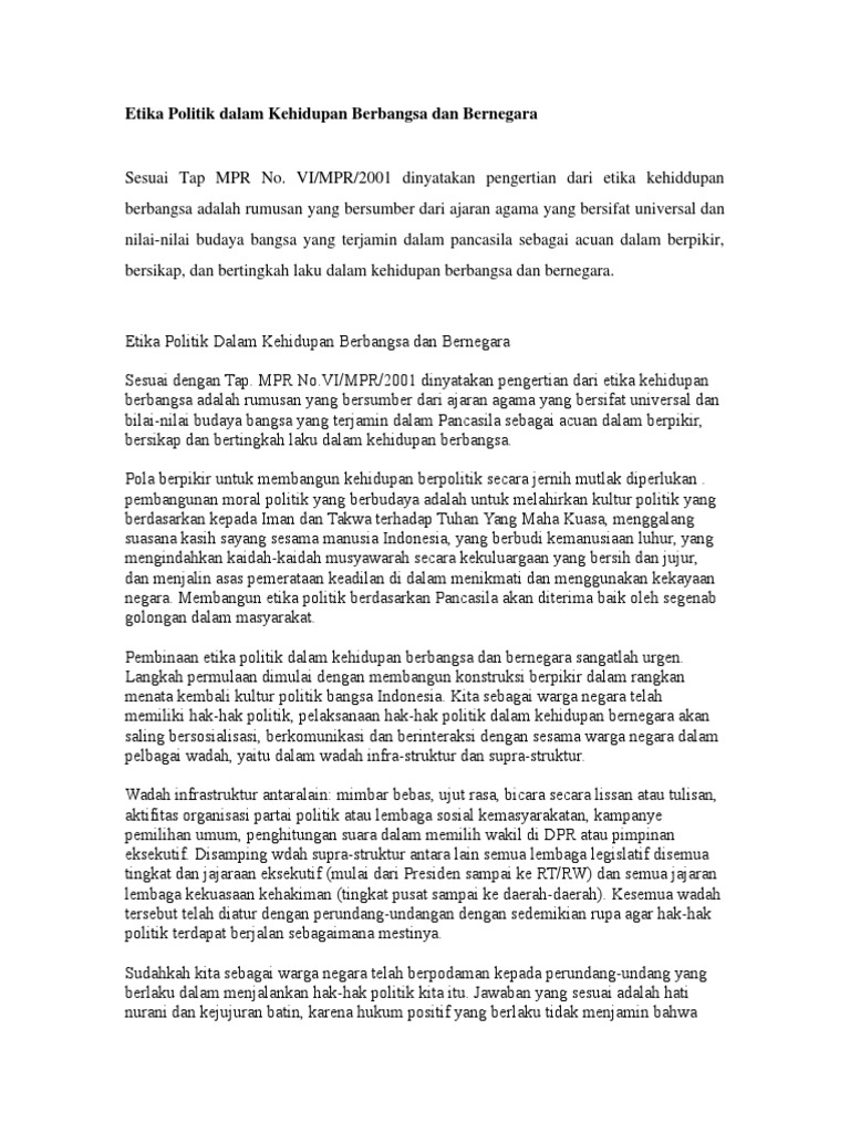 Etika Politik Dalam Kehidupan Berbangsa Dan Bernegara