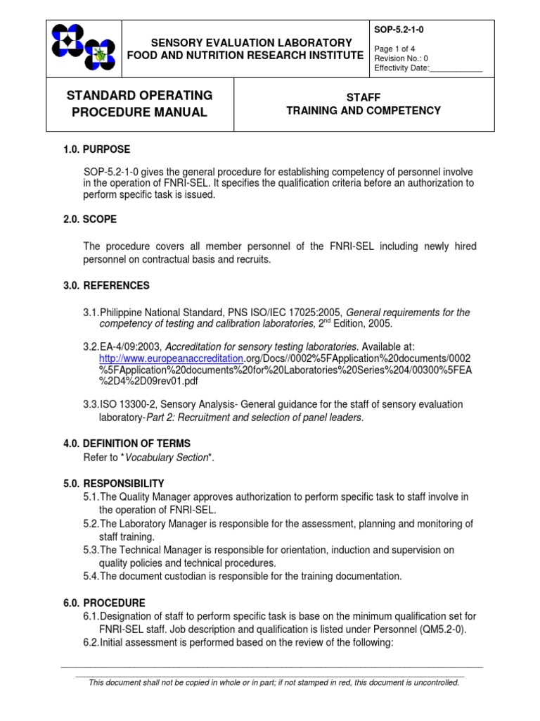 Standard Operating Procedures on Assessment of Staff Training and