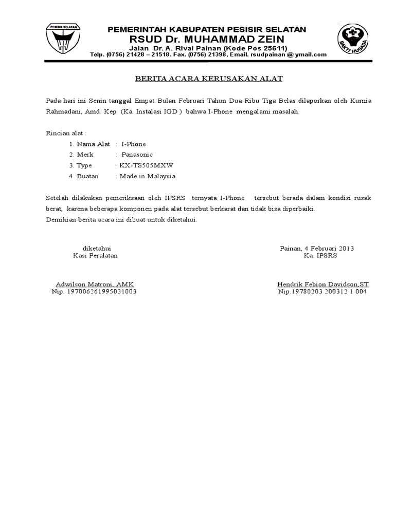 Rsud Dr. Muhammad Zein Berita Acara Kerusakan Alat
