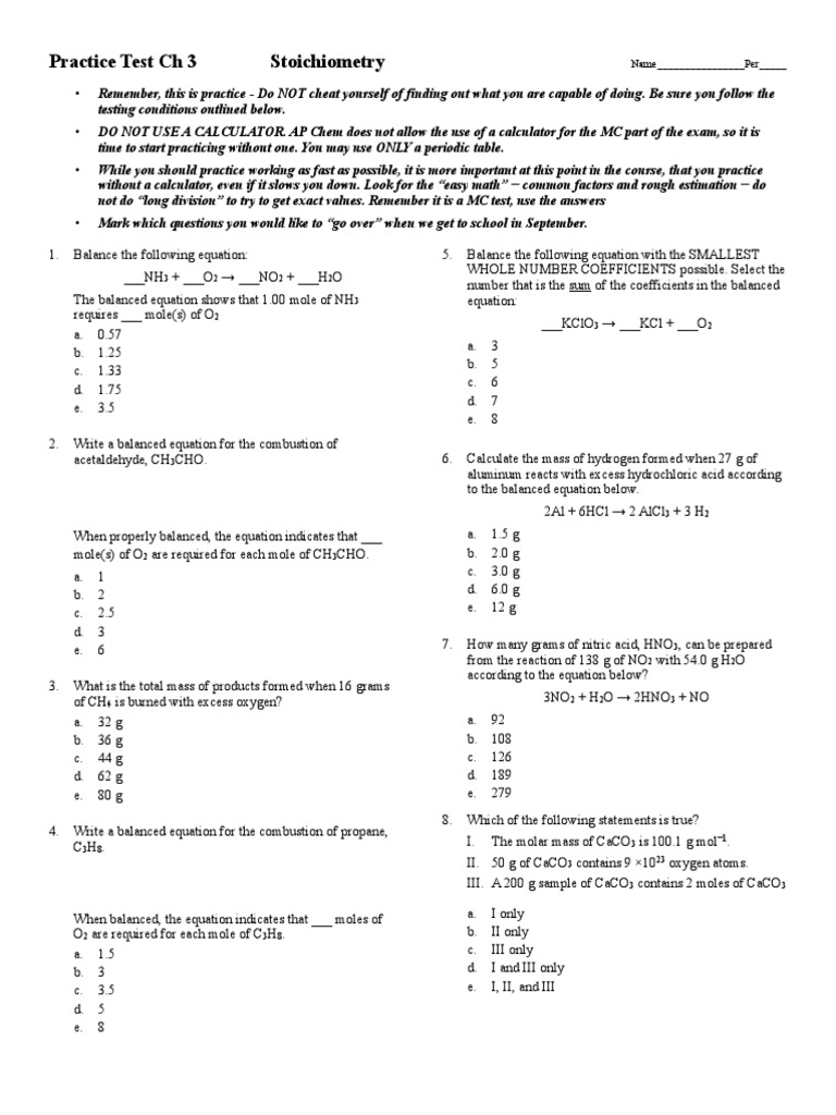 Ch 3 Stoichiometry Multiple Choice Mole (Unit) Stoichiometry