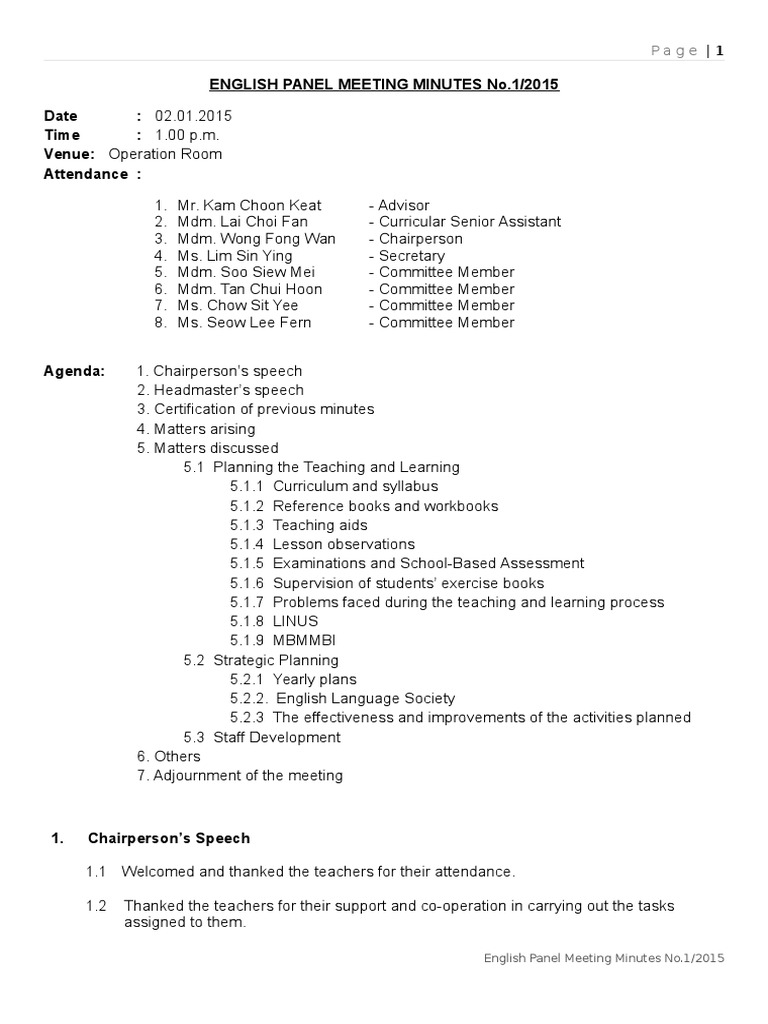 English Panel Meeting Minutes1 Educational Assessment Teachers