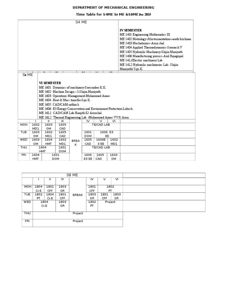 Department of Mechanical Engineering Time Table For S4ME S Me &S8Me | PDF