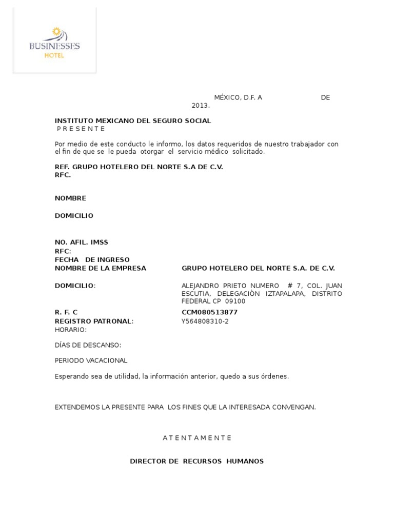 Carta Patronal Guarderia Formato Grupo Hotelero Pendiente