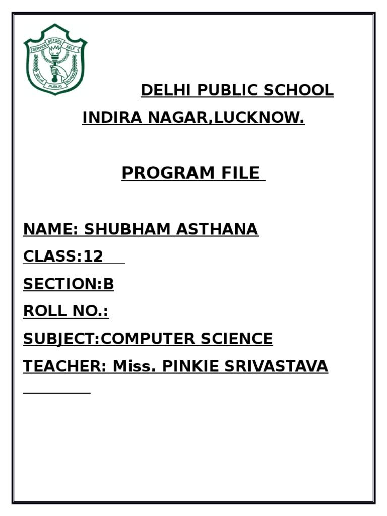 Computer Science Program File - Class 12 | PDF