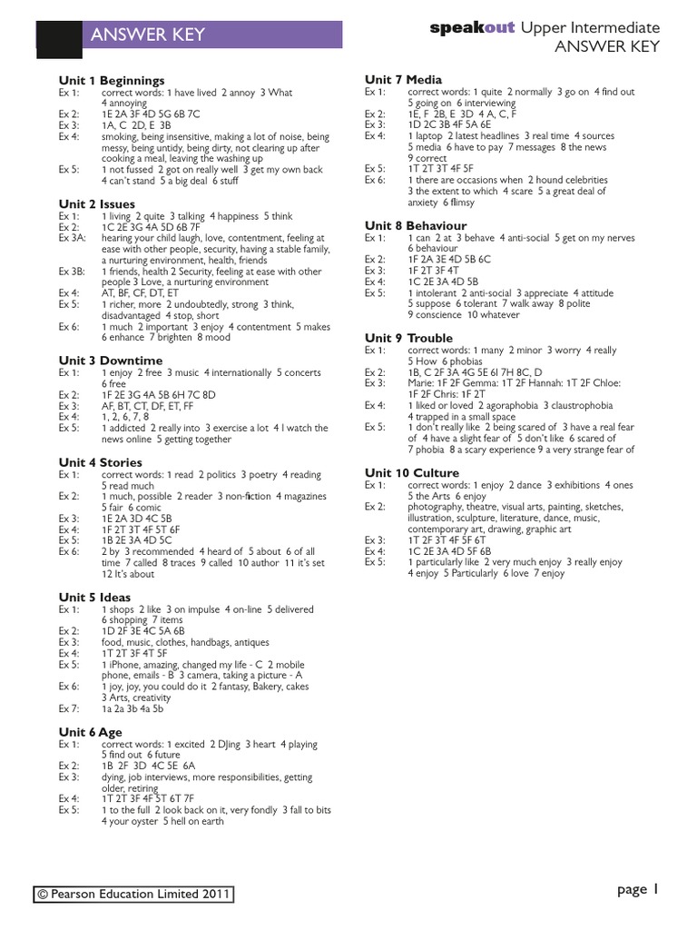 Speakout Upper Intermediate Student Book Answer Key Pdf PW Answer Key | PDF