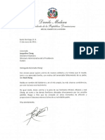 Carta de Condolencias Del Presidente Danilo Medina A Jacqueline Chang Por Fallecimiento de Su Padre, Raúl Chang