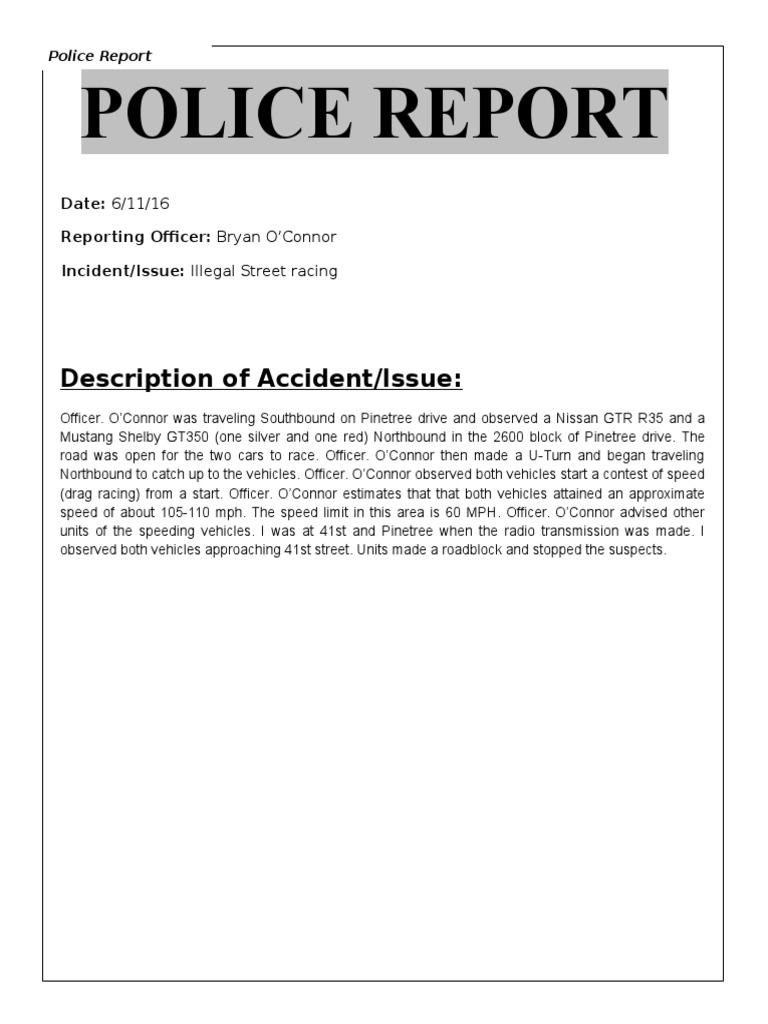 Illegal Street Racing Incident Report | PDF