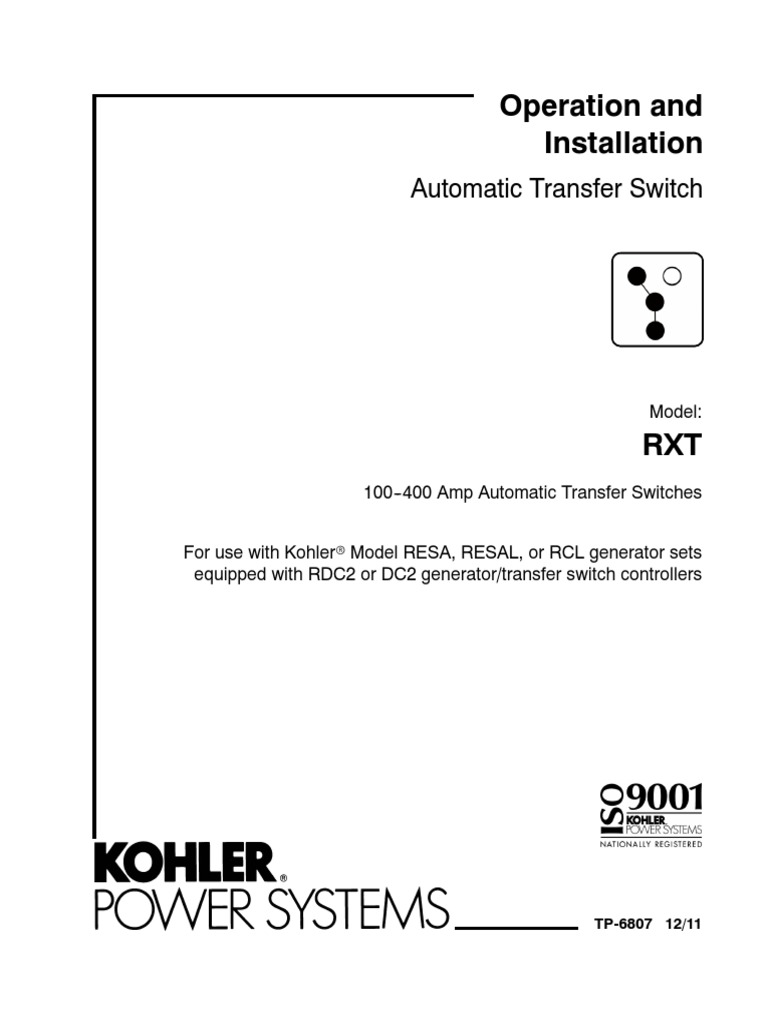 Kohler RXT Transfer Switch Operation/Installation Manual Download