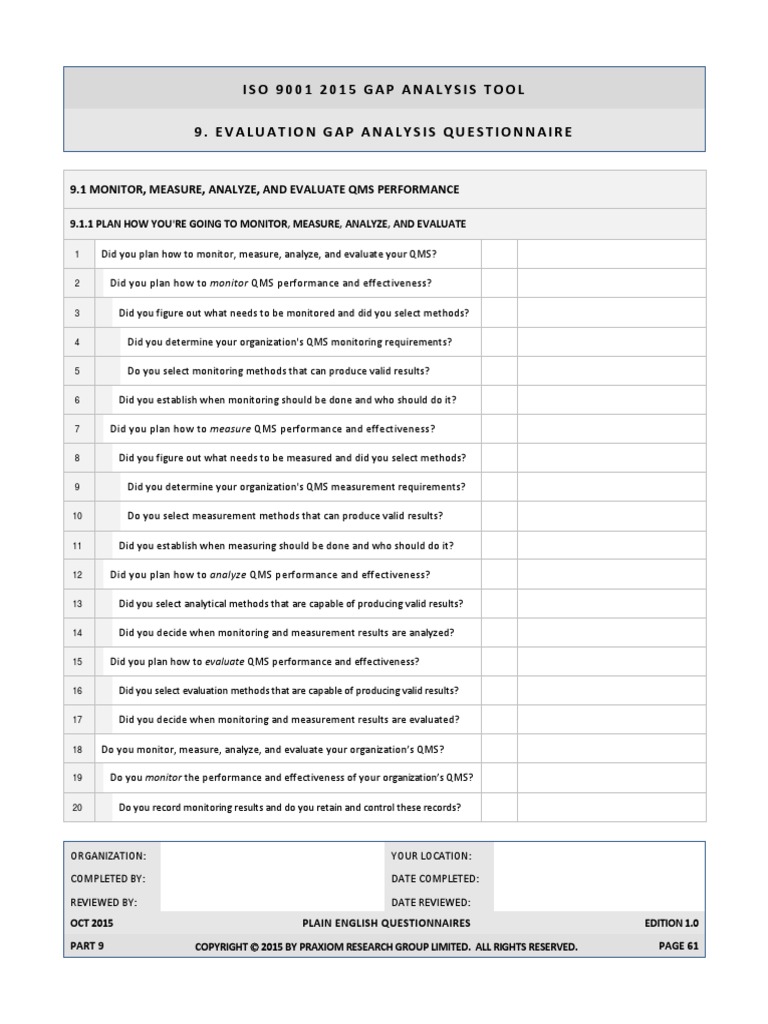 Iso 9001 2015 Gap Questions Quality Management System Internal Audit
