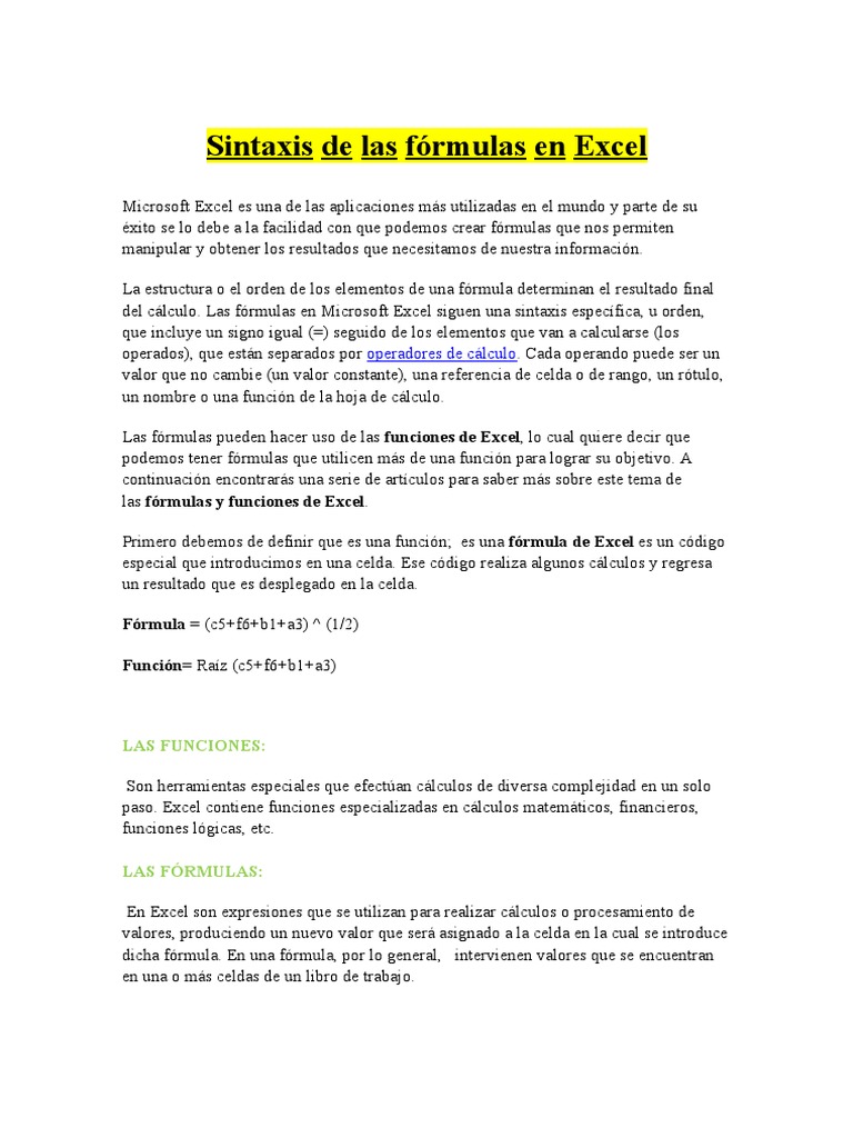 Sintaxis de Las Fórmulas en Excel Hoja de cálculo Fórmula