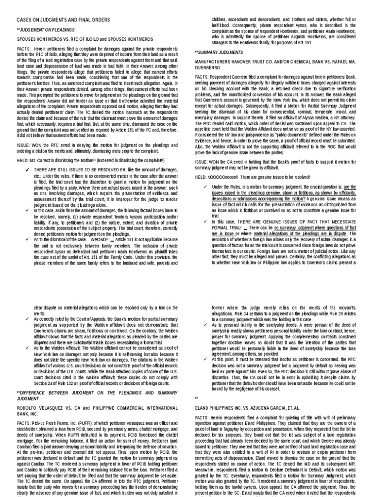 Cases on Judgments and Final Orders.rem Summary Judgment Pleading