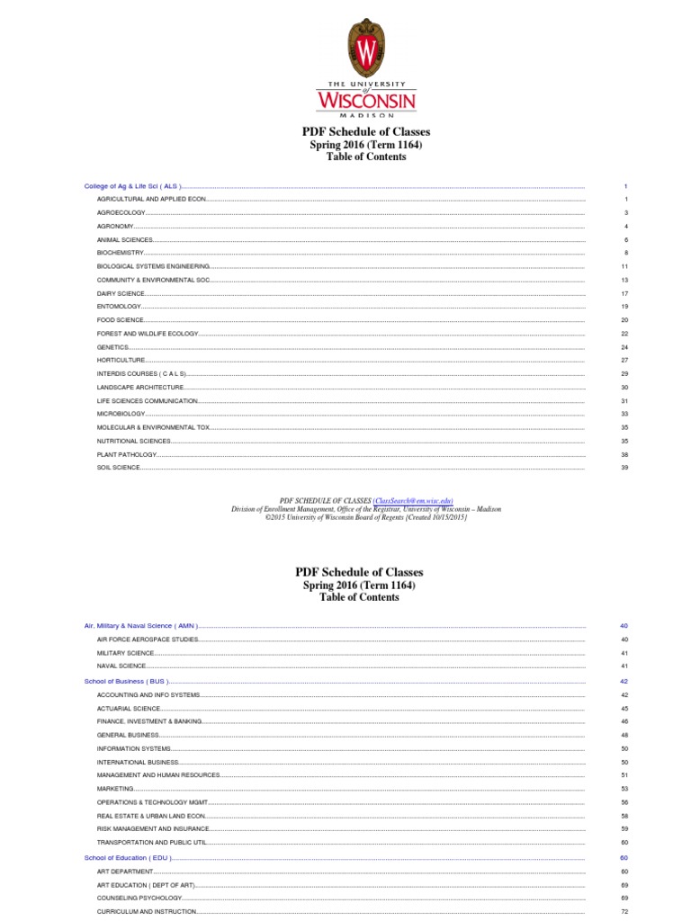 UW Madison Spring 2016 Time Table | University Of Wisconsin–Madison