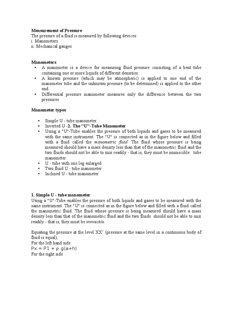 Types of Manometers PDF Pressure Measurement Pressure