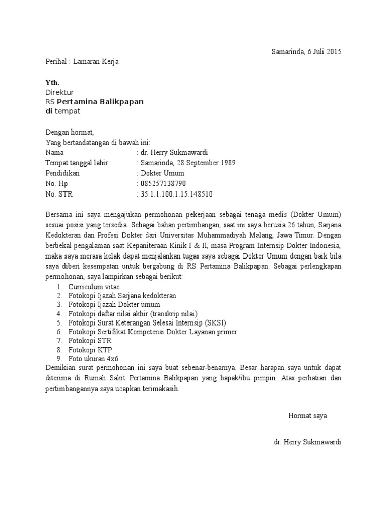 Contoh Surat Lamaran Kerja Rumah Sakit Siloam Palembang ~ contoh surat