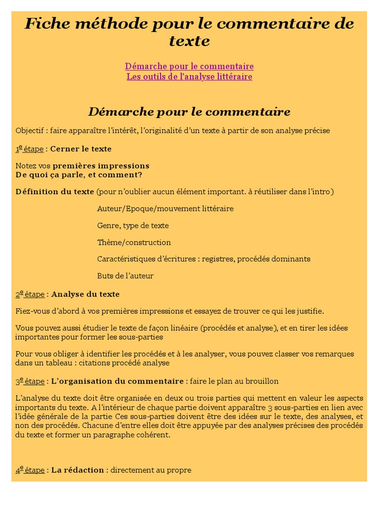 Fiche De Revision Commentaire De Texte Fiche Méthode Pour Le Commentaire de Texte | Poésie | Linguistique