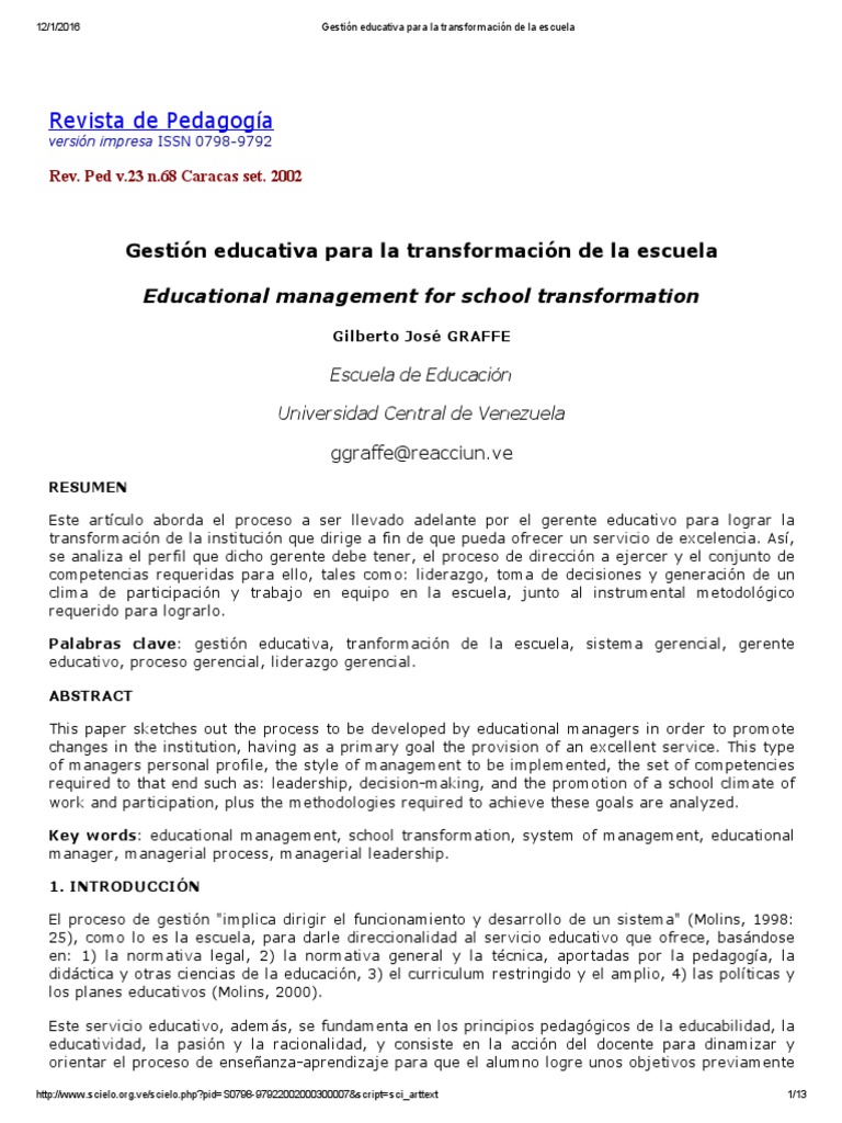 Gestión educativa para la transformación escolar | PDF | Toma de ...