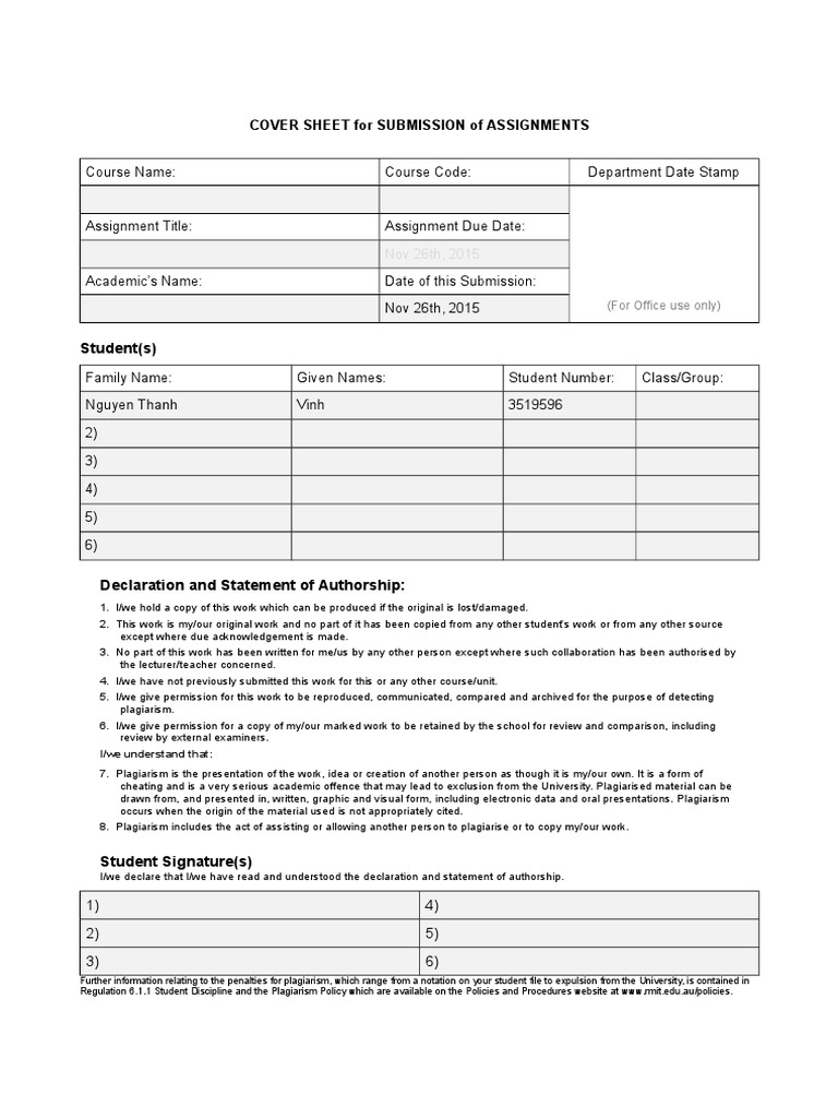 Assignment Authorship Declaration Form | PDF