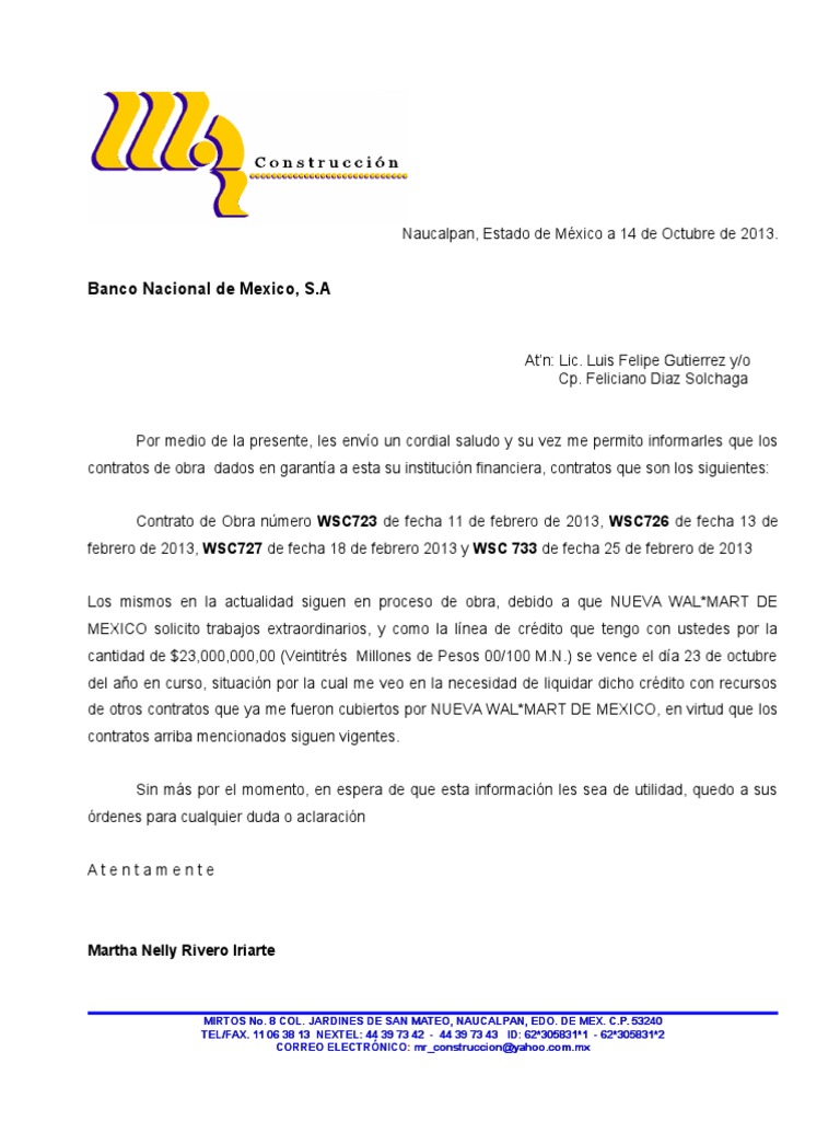 Carta Explicacion de Liquidacion de Creditos en Octubre 2013 Bancos