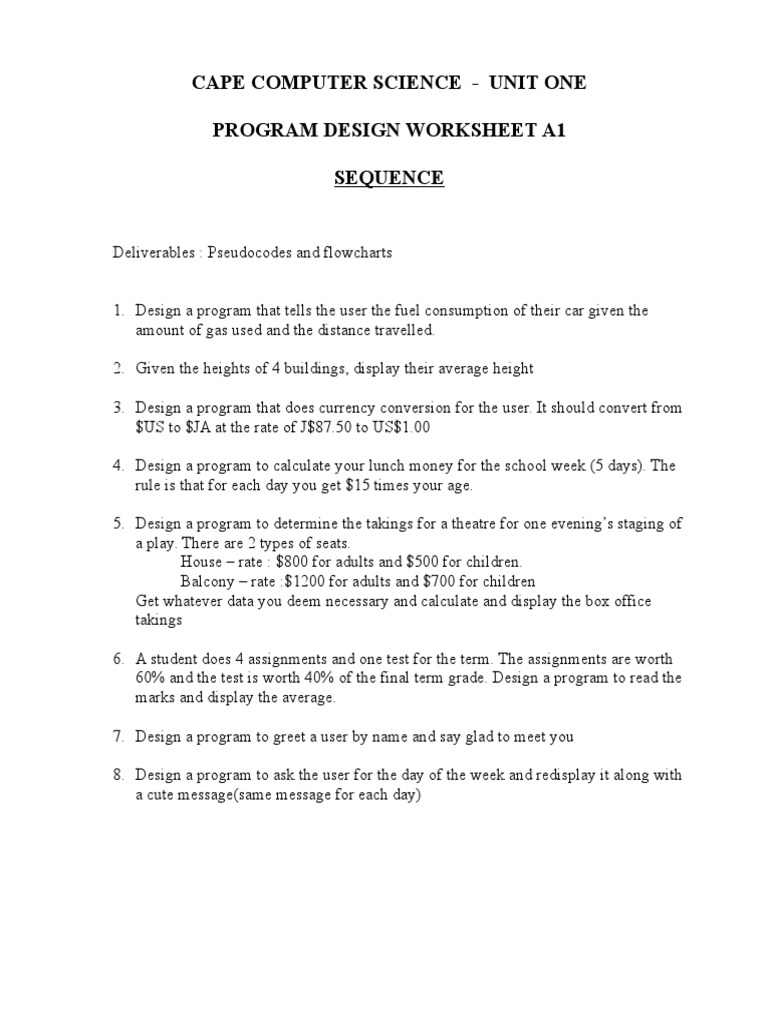 Cape Computer Science - Unit One Program Design Worksheet A1 Sequence ...