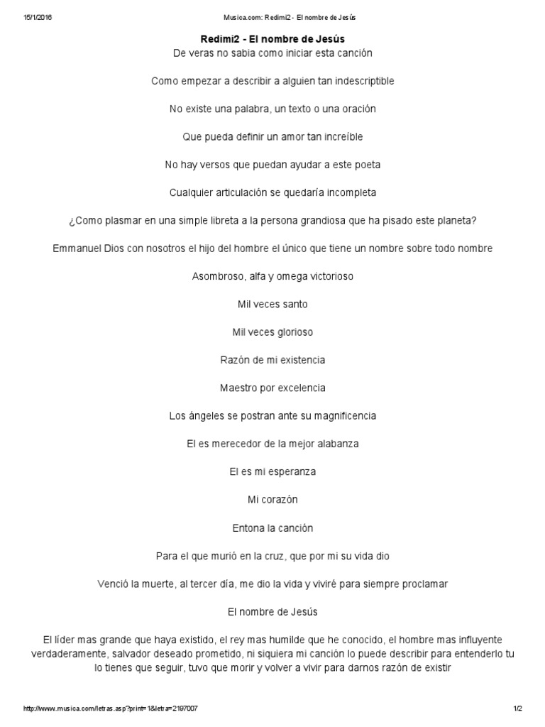 Letra De El Nombre De Jesus De Redimi2 Musica Pdf