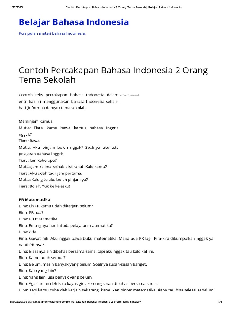 Contoh Percakapan Bahasa Indonesia 2 Orang Tema Sekolah Belajar