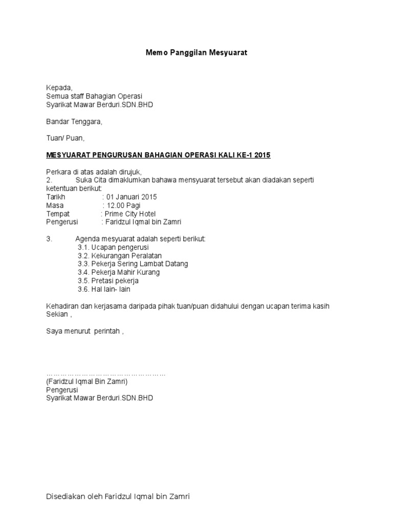 Format Surat Rasmi Panggilan Mesyuarat