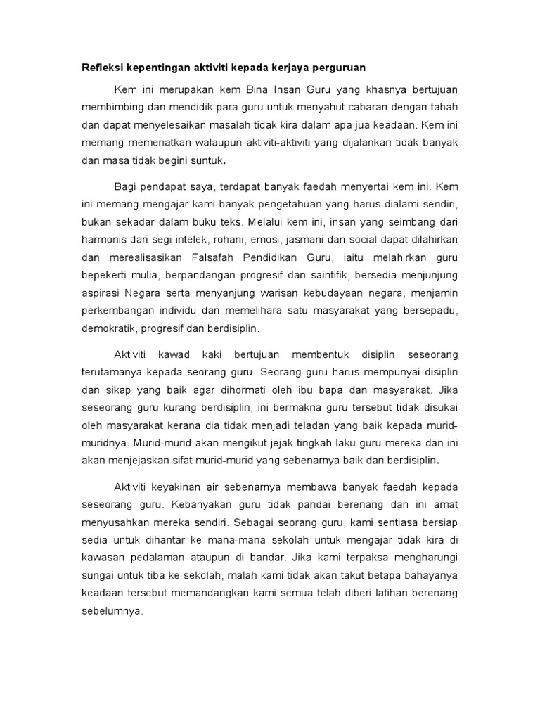 Refleksi Kepentingan Aktiviti Kepada Kendiri Pdf