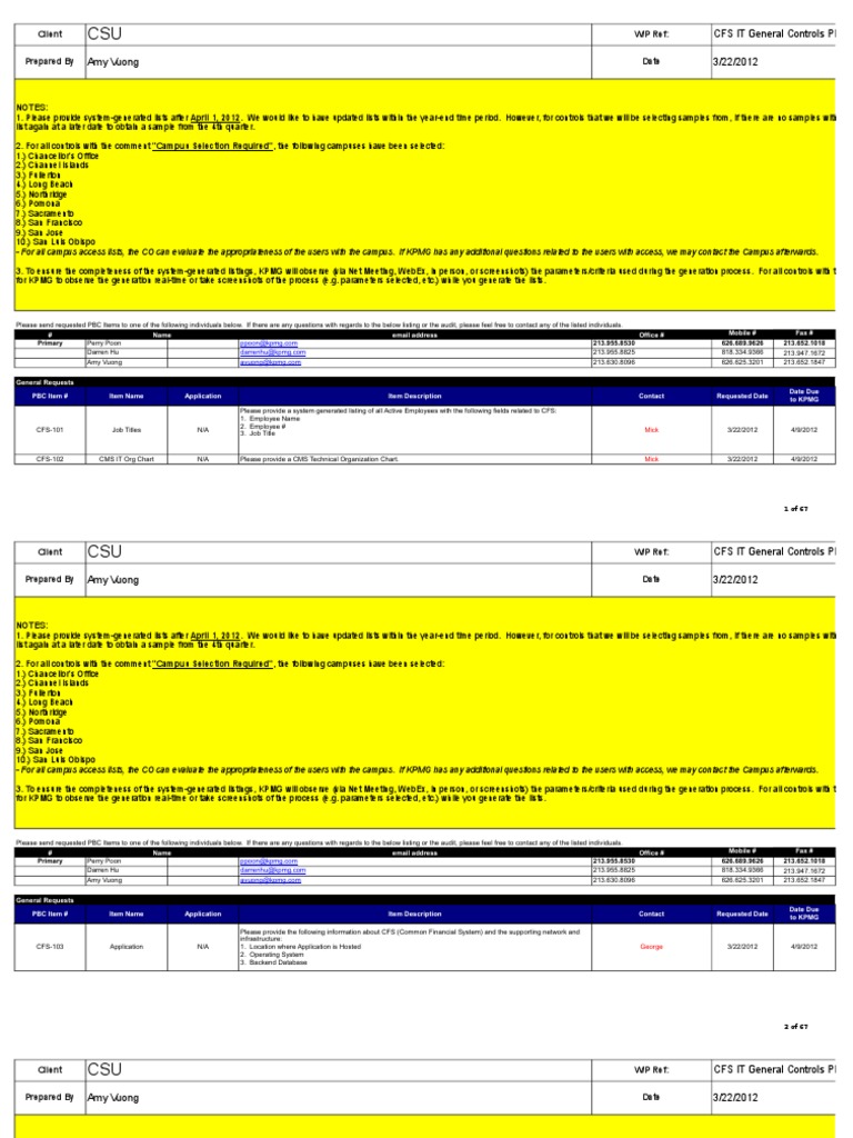 CSU IT General Controls PBC Request | PDF | Email | Spreadsheet