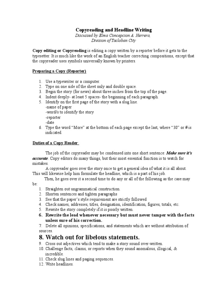 Watch Out For Libelous Statements.: Copyreading and Headline Writing ...