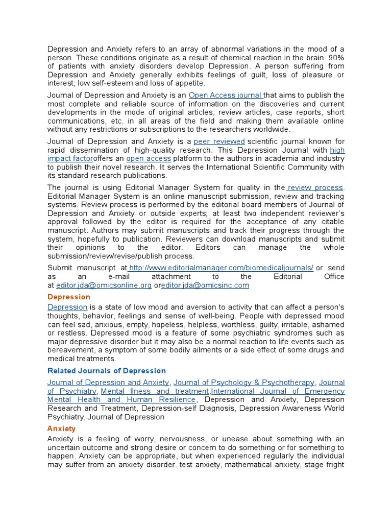 Depression and Anxiety Refers To An Array of Abnormal Variations in The ...