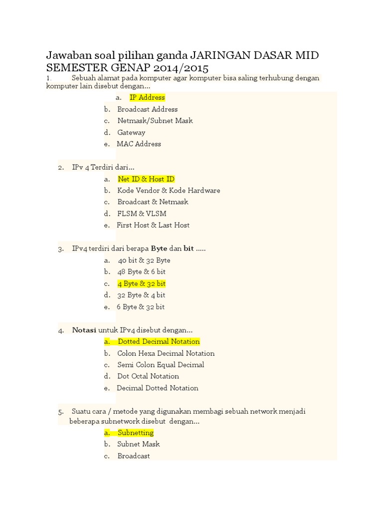 Jawaban Soal Pilihan Ganda Jaringan Dasar Mid Semester Genap 2014