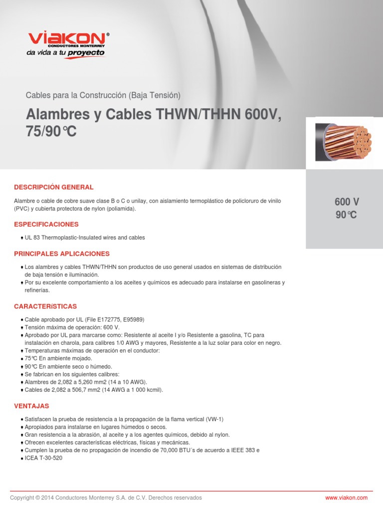 VIAKON Hoja Técnica de Alambres y Cables THWNTHHN 90C 600V