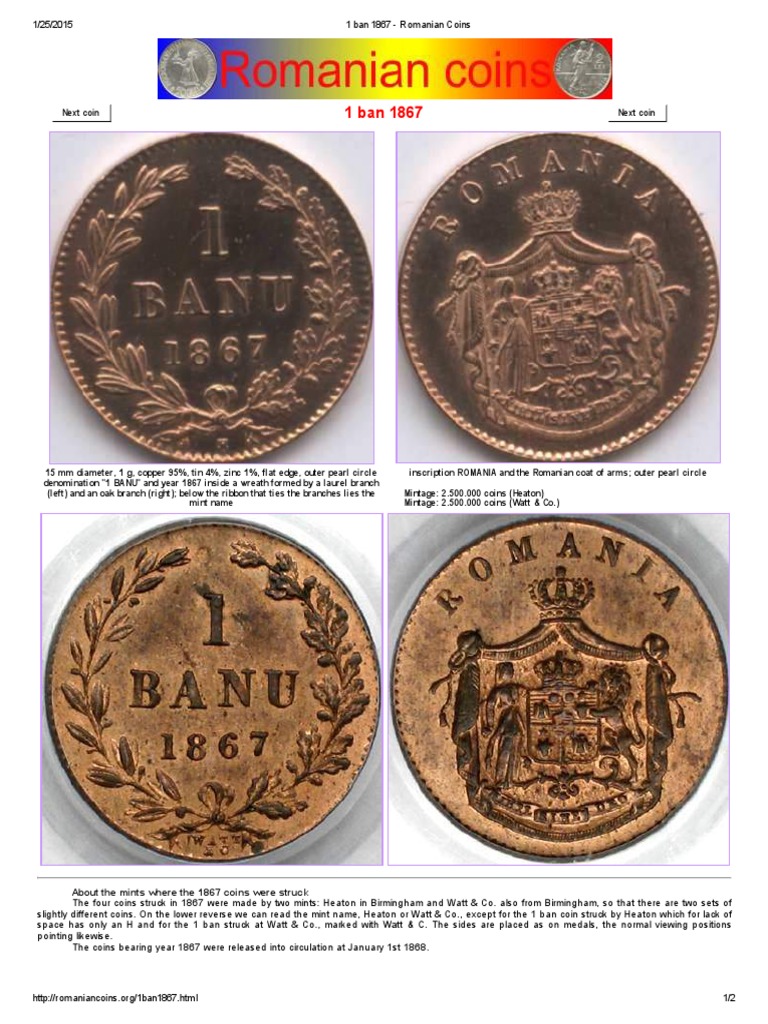 Romanian Coin 10 Bani, King Carol I, Ribbon, Romania, 1905 - 1906