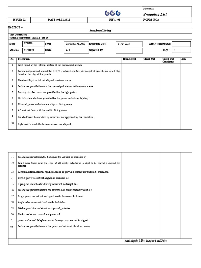 Snagging List: ISSUE: 02 DATE: 01.11.2012 REV.: 01 Form No. | PDF