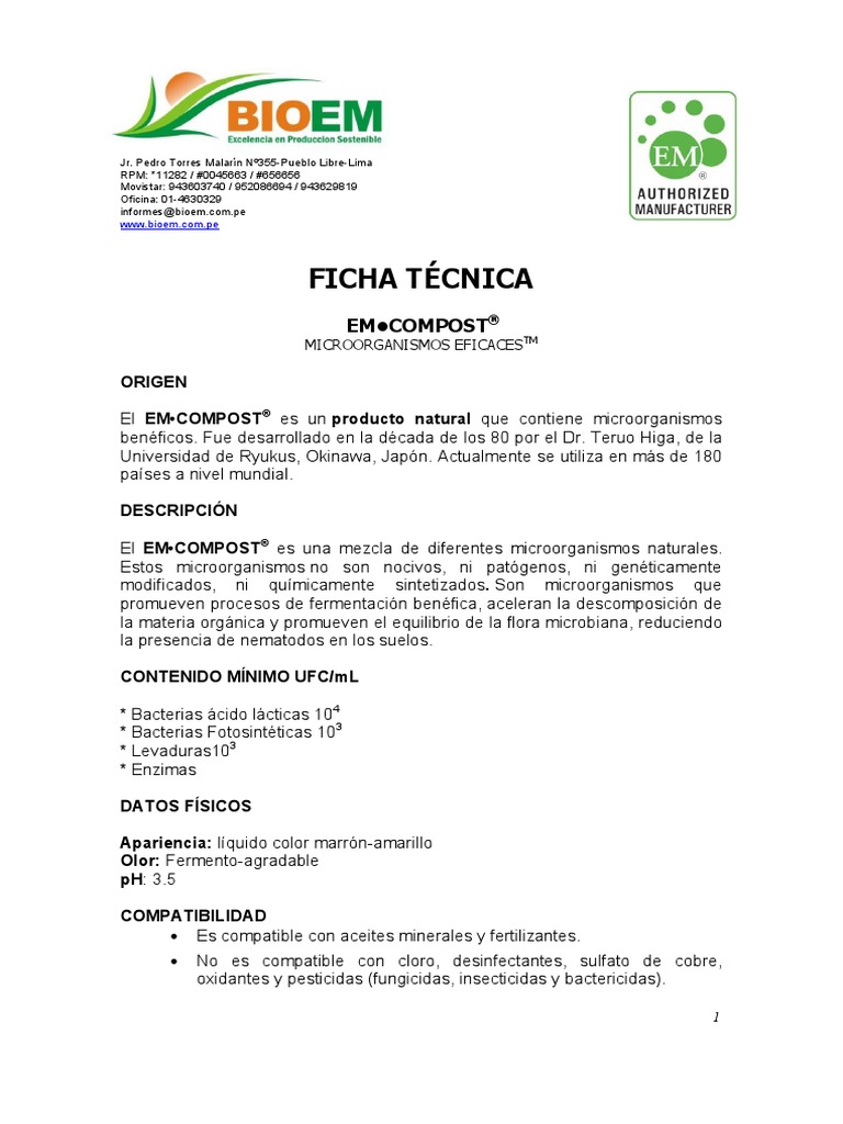 Ficha Técnica em - Compost Bioem Sac | PDF