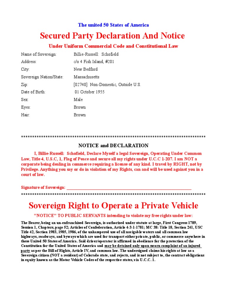 Right to Travel Secured Party Declaration and Notice United States