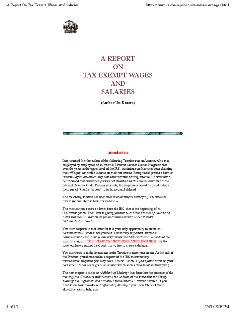 Report On Tax Exempt Wages and Salaries PDF Internal Revenue