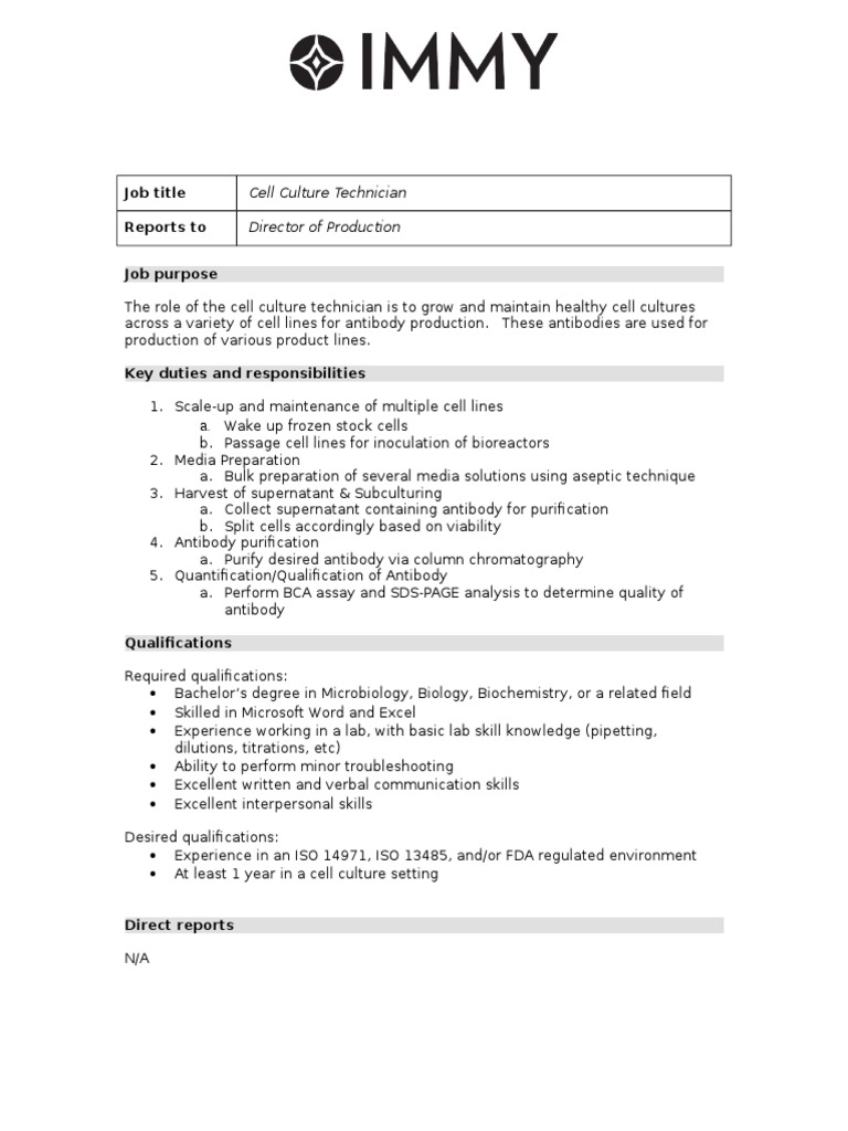 Cell Culture Technician Job Description Cell Culture Antibody