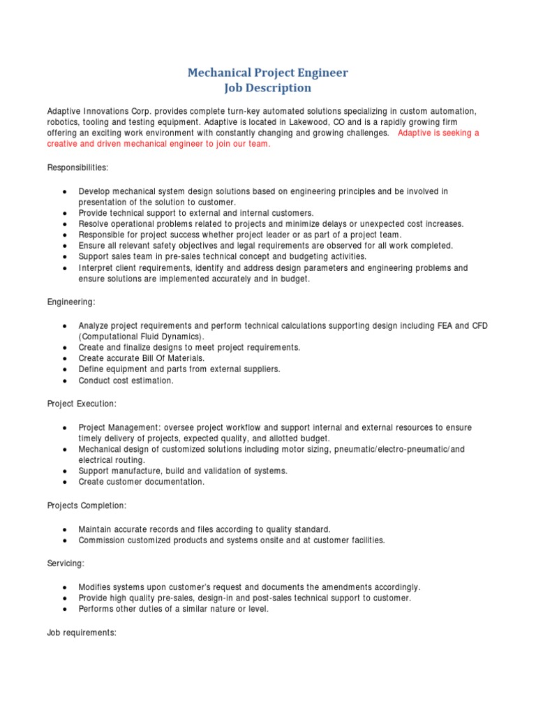 PROJECT MANAGER MECHANICAL ENGINEER JOB DESCRIPTION intelligence overview