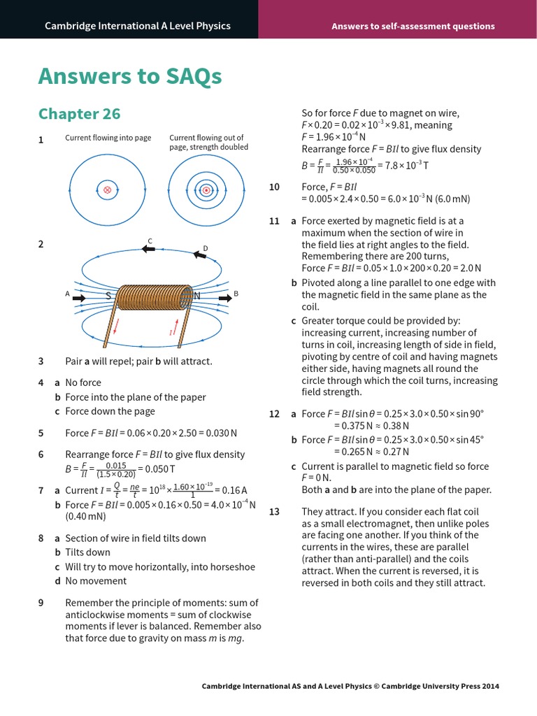 Answers To Saqs Cambridge International A Level Physics Magnetic Field Force