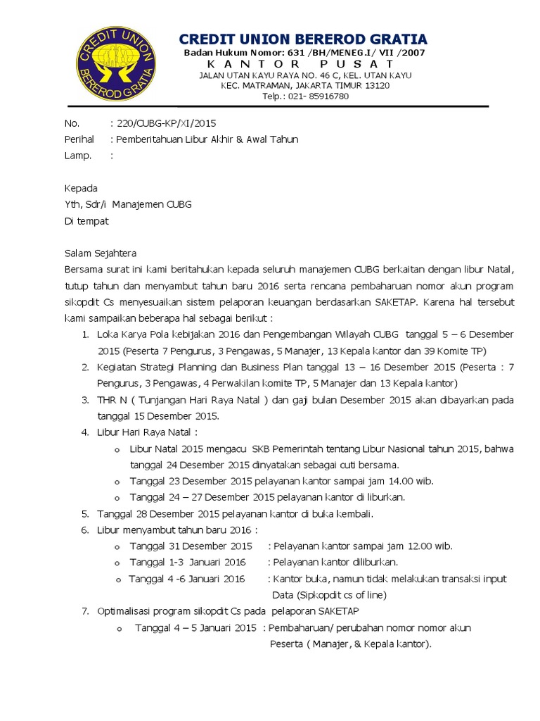 Pemberitahuan Libur Akhir Tahun