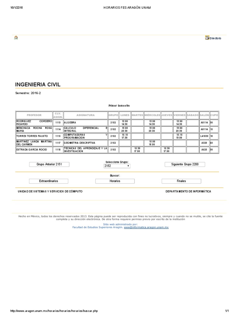 Horarios Fes Aragon Unam 2152