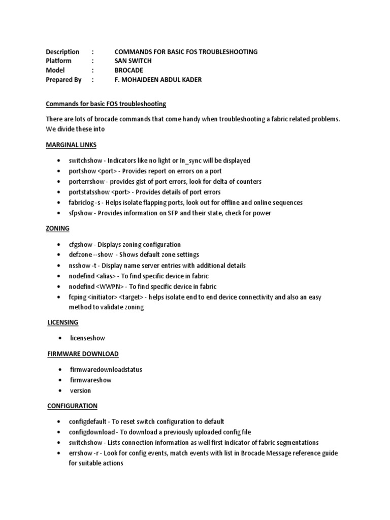 Brocade FOS Troubleshooting Commands | PDF | Computers | Technology ...