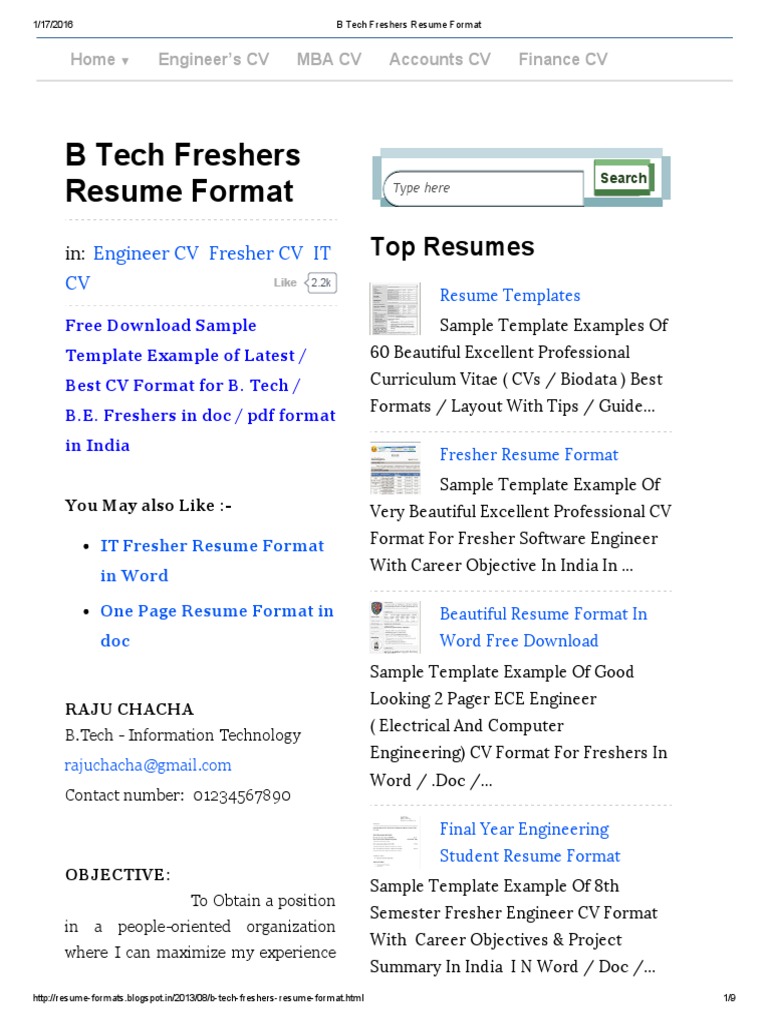 B Tech Freshers Resume Format Resume Java Server Faces