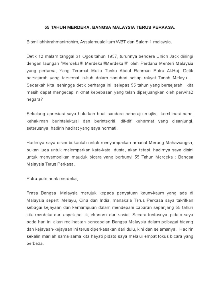Pidato-55 Tahun Merdeka, Bangsa Malaysia Terus Perkasa | PDF