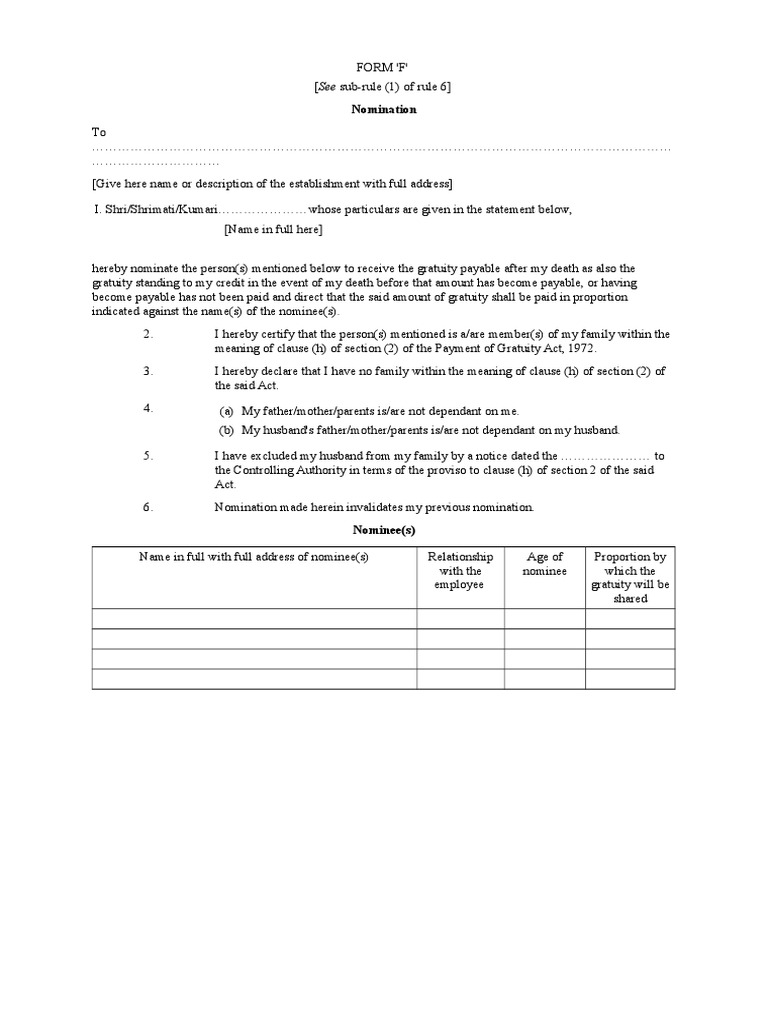 Gratuity Form 'F' Nomination Guide | PDF