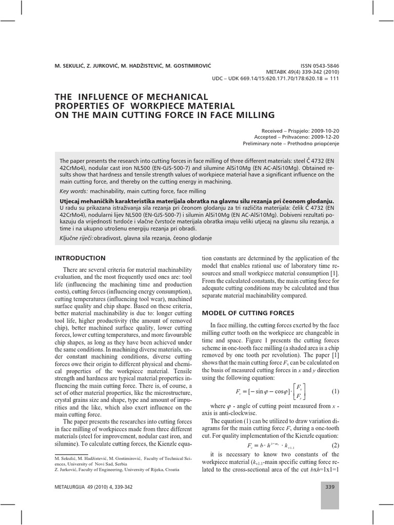 The Influence of Mechanical Properties of Workpiece Material On The ...
