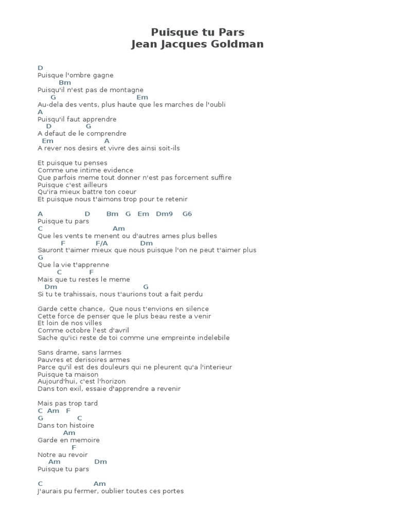 Puisque Tu Pars Jean Jacques Goldman D Bm G Em A D G Em A