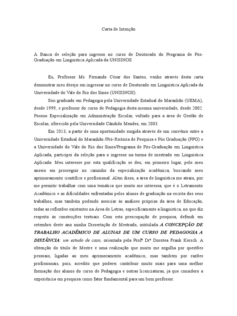 Carta de Intenção  PósGraduação  Pedagogia